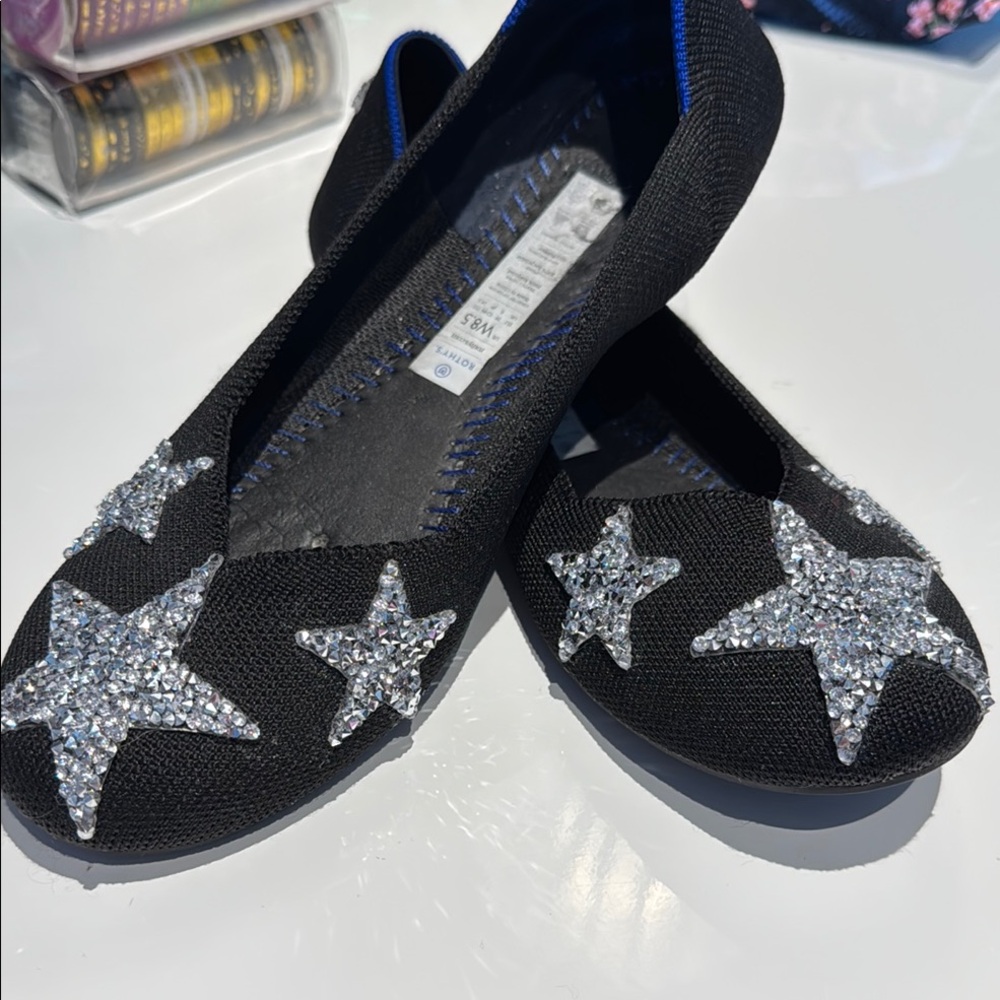 * Rothy’s STAR CUSTOM FLATS!! * Black with silver stars Size 8.5 EUC